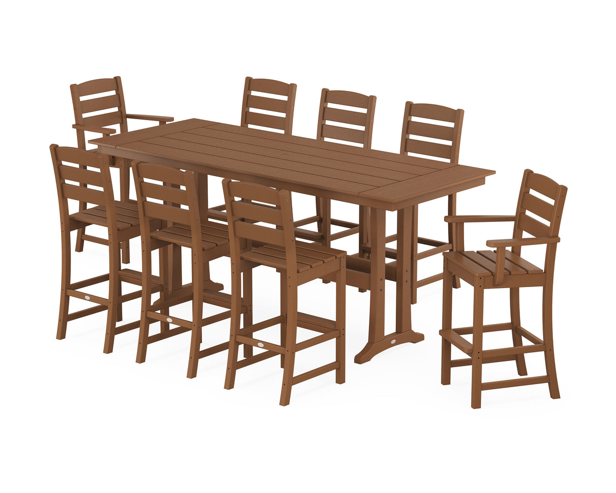 POLYWOOD Lakeside 9-Piece Farmhouse Bar Set with Trestle Legs in Teak