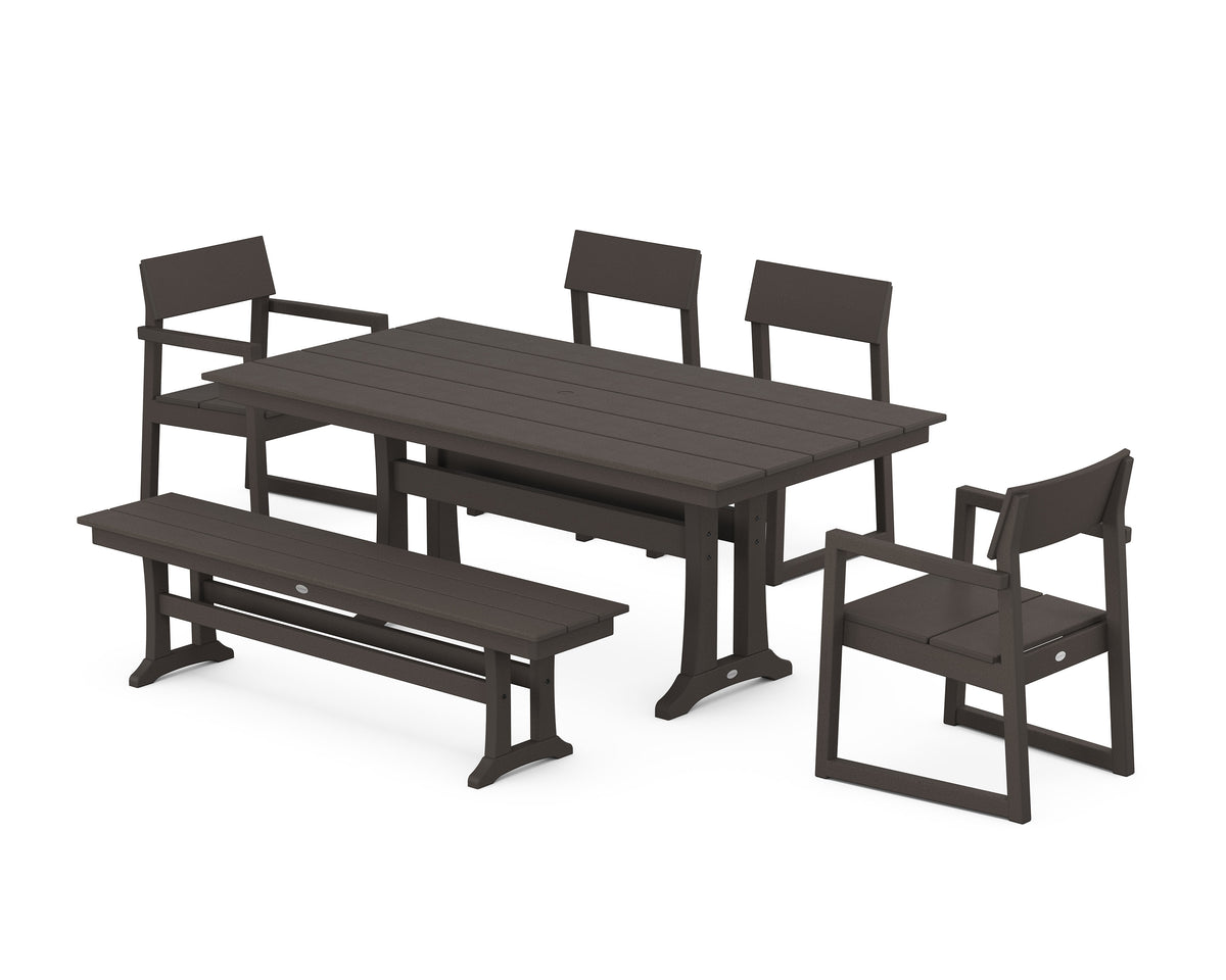 POLYWOOD EDGE 6-Piece Farmhouse Dining Set with Trestle Legs in Vintage Coffee