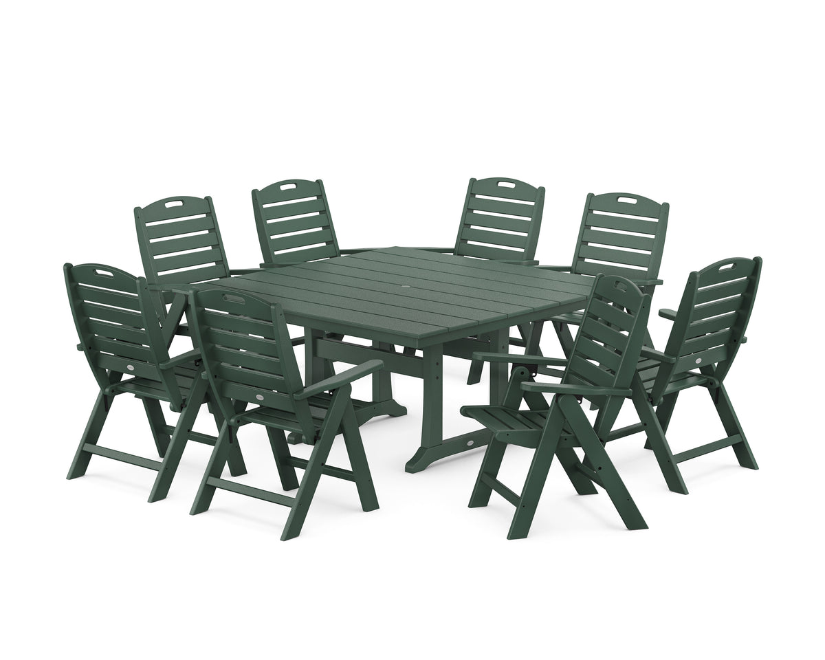 POLYWOOD Nautical Highback 9-Piece Square Farmhouse Dining Set with Trestle Legs in Green