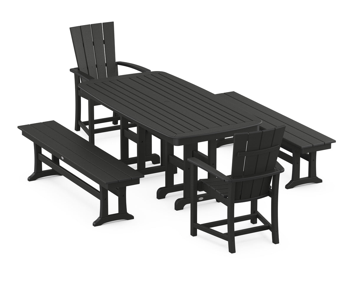POLYWOOD Quattro 5-Piece Nautical Dining Set with Benches in Black