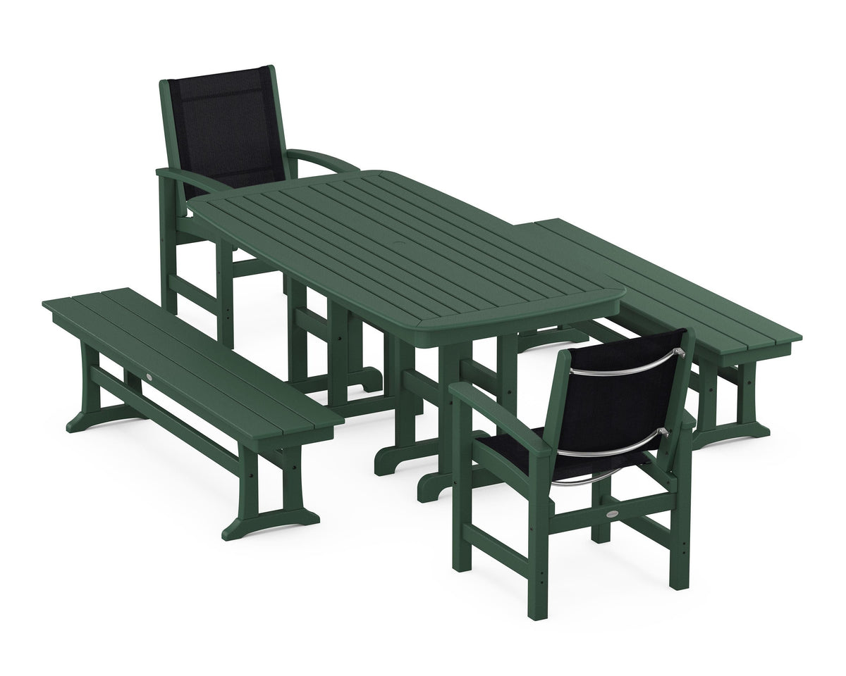 POLYWOOD Coastal 5-Piece Dining Set with Nautical 37" x 72" Dining Table in Green / Black