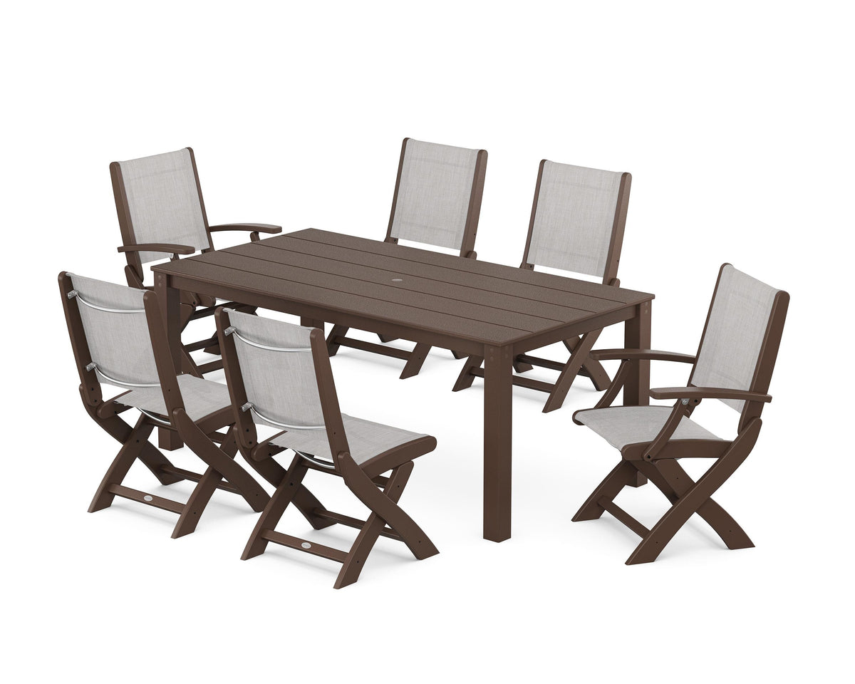 POLYWOOD Coastal Folding Chair 7-Piece Parsons Dining Set with Coastal Folding Side Chair in Mahogany / Parchment