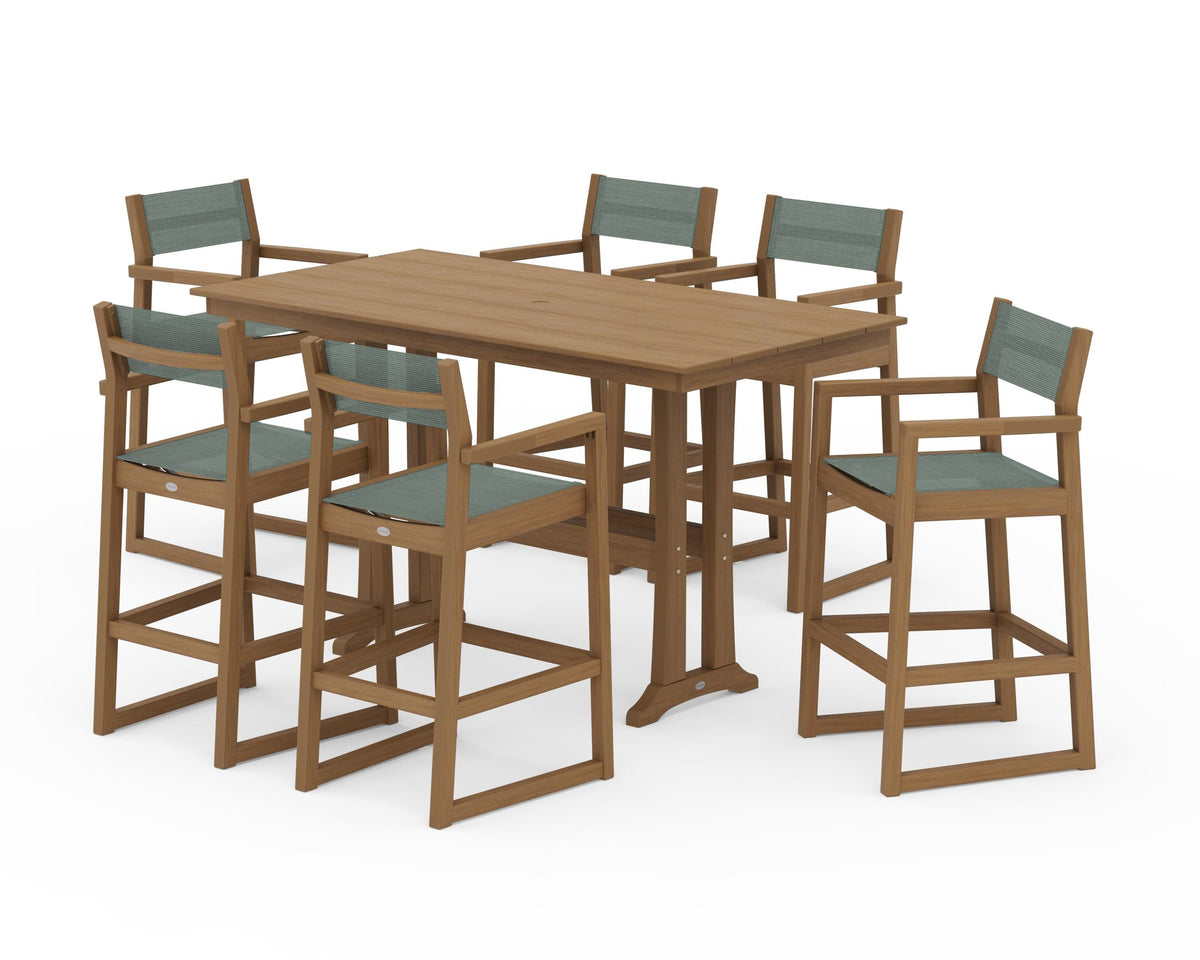 POLYWOOD EDGE Sling Arm Chair 7-Piece Farmhouse Bar Set with Trestle Legs in Natural / Dupioni Sea Mist