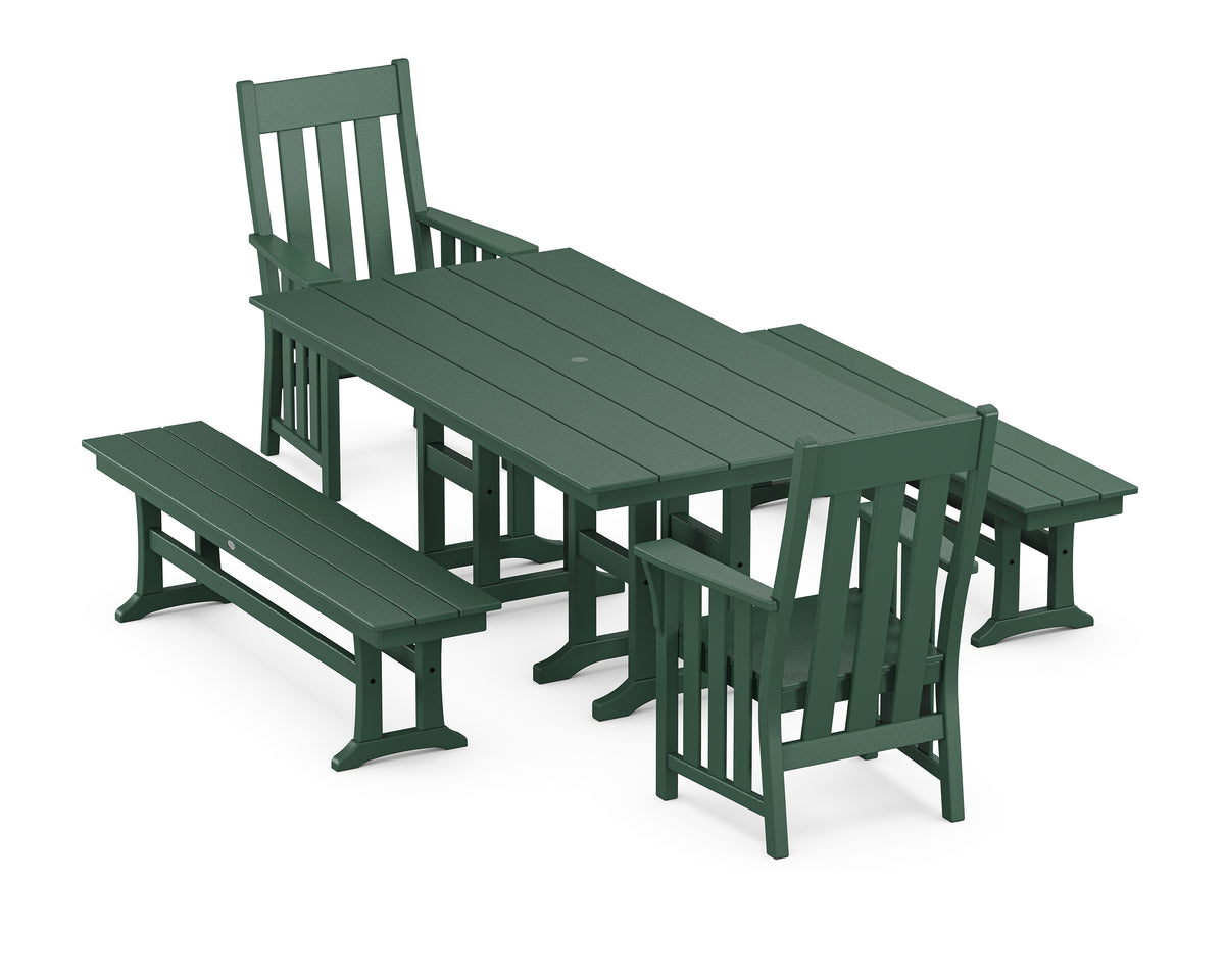 POLYWOOD Acadia 5-Piece Farmhouse Dining Set with Benches in Green