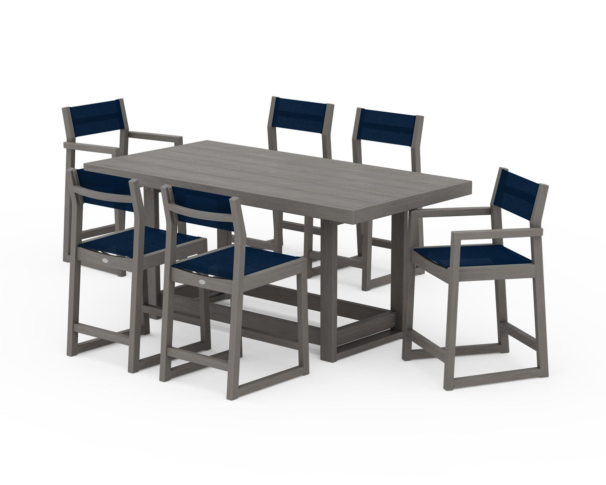 POLYWOOD EDGE Sling 7-Piece Counter Table Set in Driftwood / Navy Blue