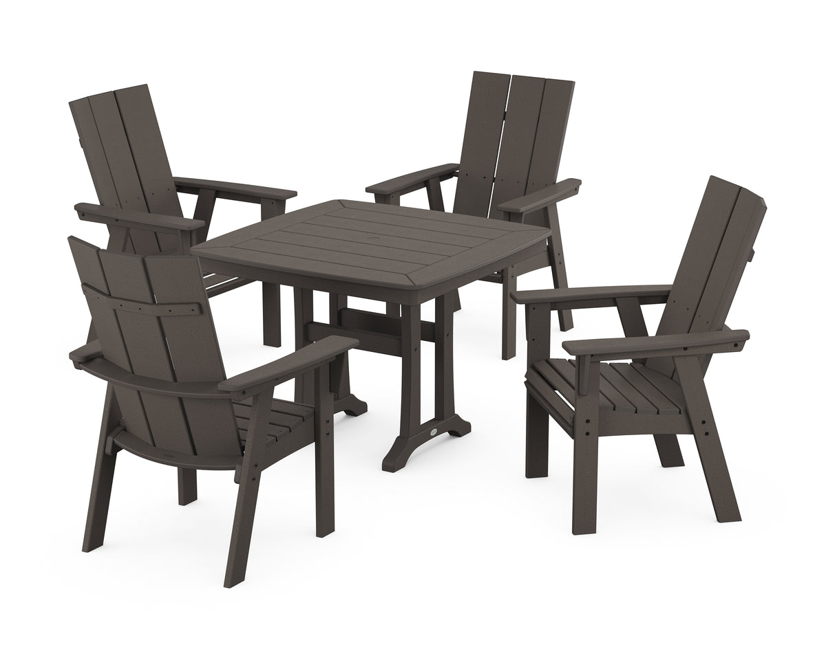 POLYWOOD Modern Adirondack 5-Piece Dining Set with Trestle Legs with Modern Curveback Adirondack Dining Chair in Vintage Coffee