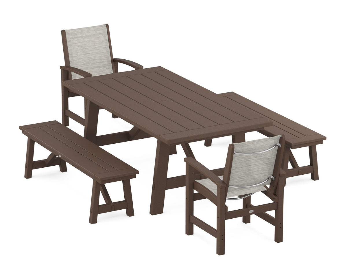 POLYWOOD Coastal 5-Piece Rustic Farmhouse Dining Set With Benches in Mahogany / Birch