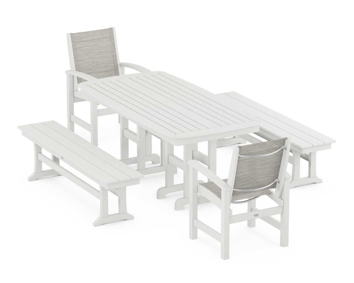 POLYWOOD Coastal 5-Piece Dining Set with Nautical 37" x 72" Dining Table in Vintage White / Birch