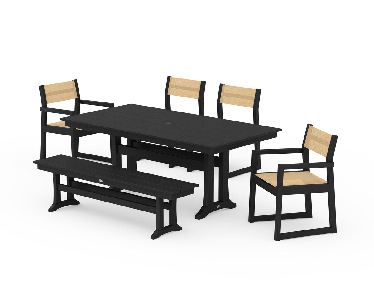 POLYWOOD EDGE Sling 6-Piece Farmhouse Dining Set With Trestle Legs in Black / Dupioni Apricot