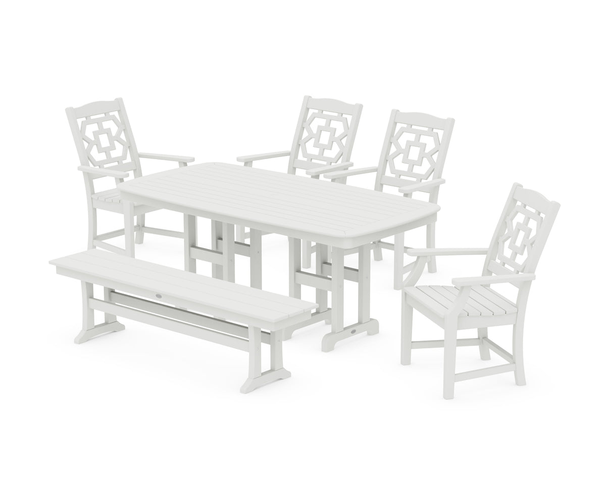 POLYWOOD Chinoiserie 6-Piece Dining Set with Bench in Vintage White