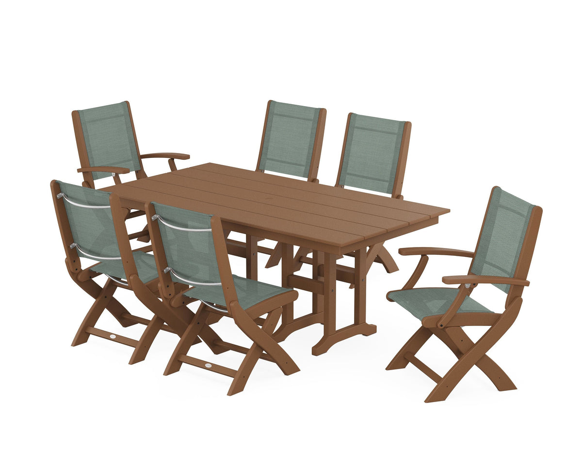 POLYWOOD Coastal Folding Chair 7-Piece Farmhouse Dining Set in Teak / Dupioni Sea Mist