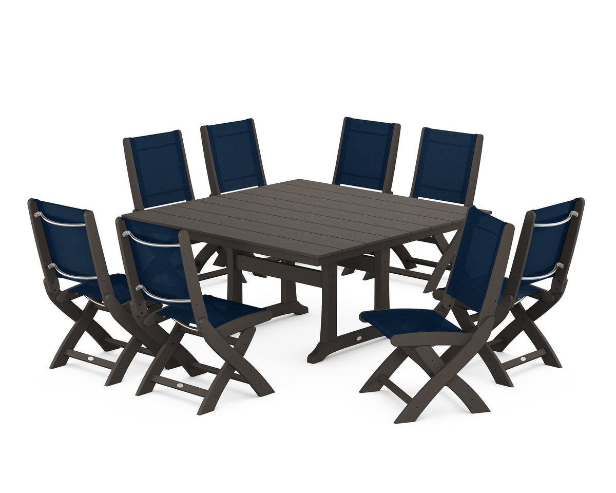 POLYWOOD Coastal Folding Side Chair 9-Piece Farmhouse Dining Set in Vintage Coffee / Navy Blue
