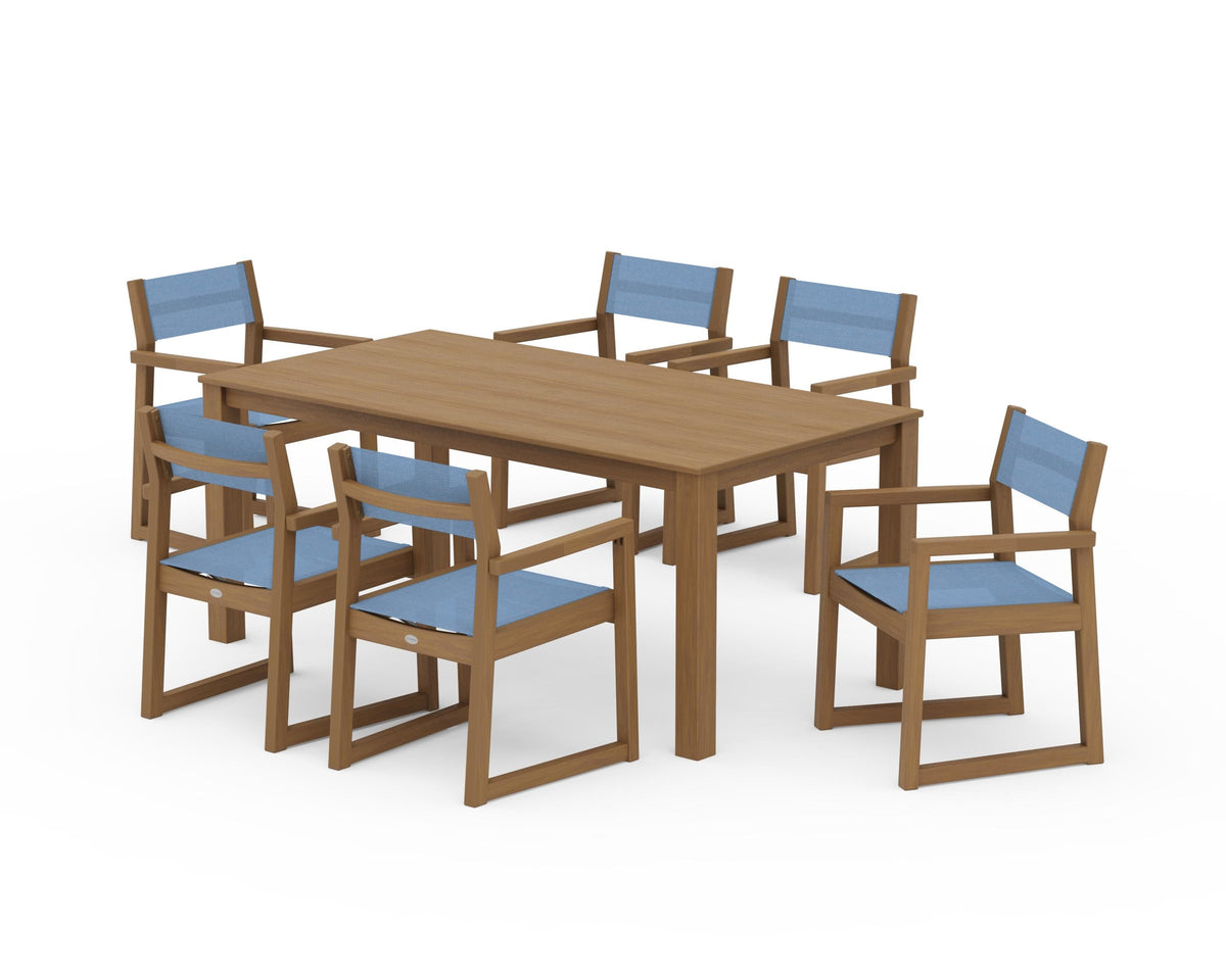 POLYWOOD EDGE Sling Arm Chair 7-Piece Parsons Dining Set in Natural / Poolside