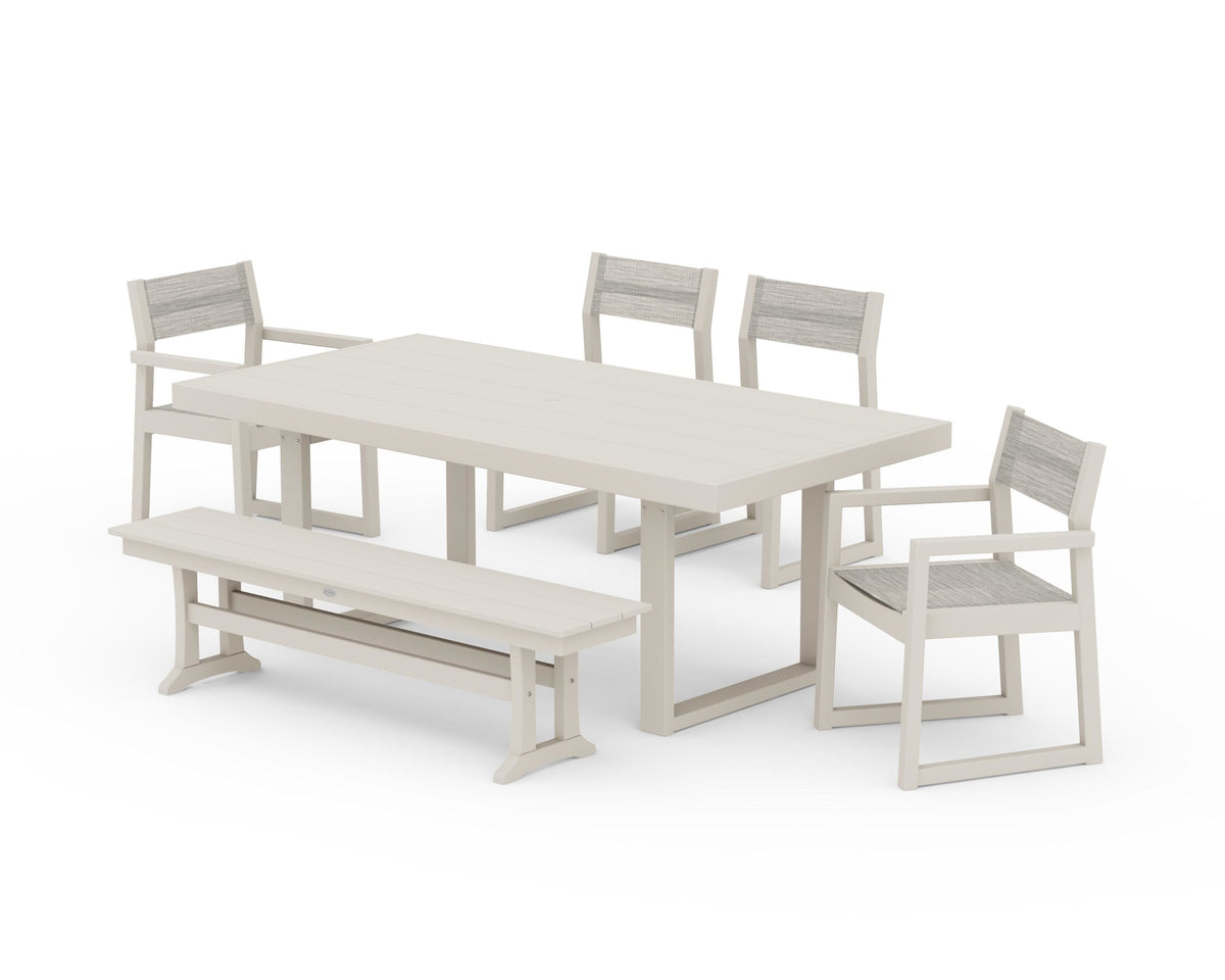 POLYWOOD EDGE Sling 6-Piece Dining Set with Bench in Sand / Birch