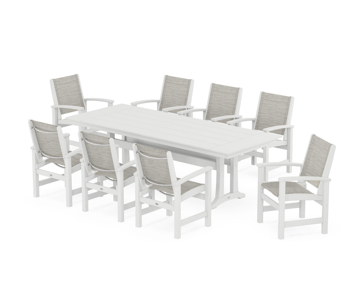 POLYWOOD Coastal 9-Piece Farmhouse Dining Set with Trestle Legs in White / Birch