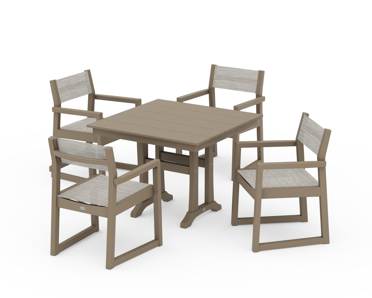 POLYWOOD EDGE Sling 5-Piece Farmhouse Dining Set with Trestle Legs in Vintage Sahara / Birch