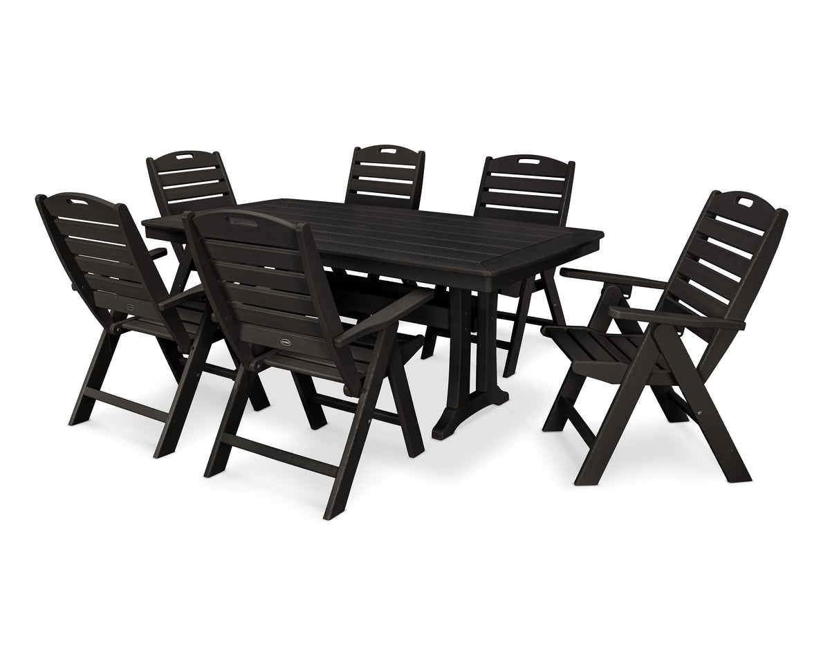 POLYWOOD Nautical Folding Highback Chair 7-Piece Dining Set with Trestle Legs in Black