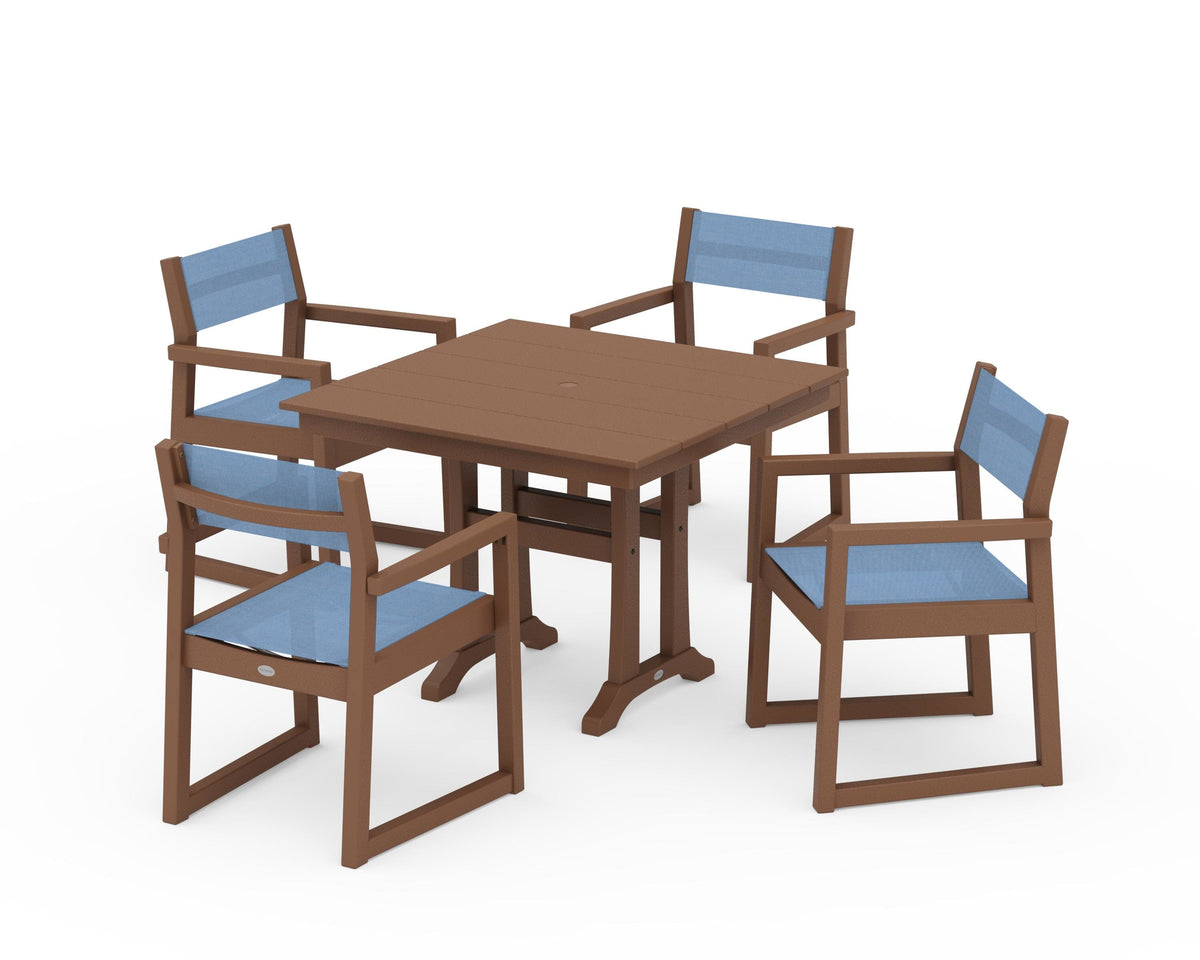 POLYWOOD EDGE Sling 5-Piece Farmhouse Dining Set with Trestle Legs in Teak / Poolside