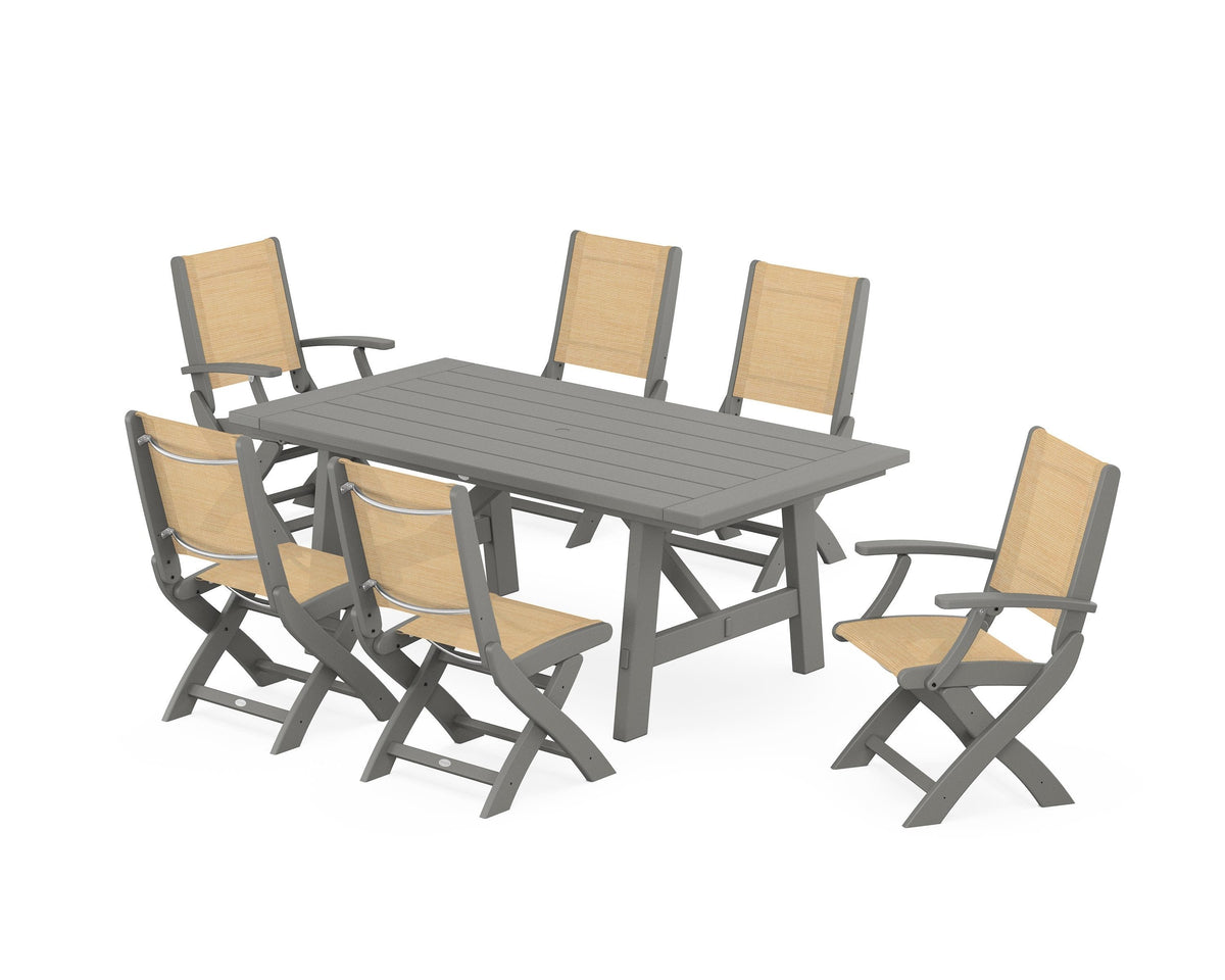 POLYWOOD Coastal Folding Chair 7-Piece Rustic Farmhouse Dining Set in Slate Grey / Dupioni Apricot