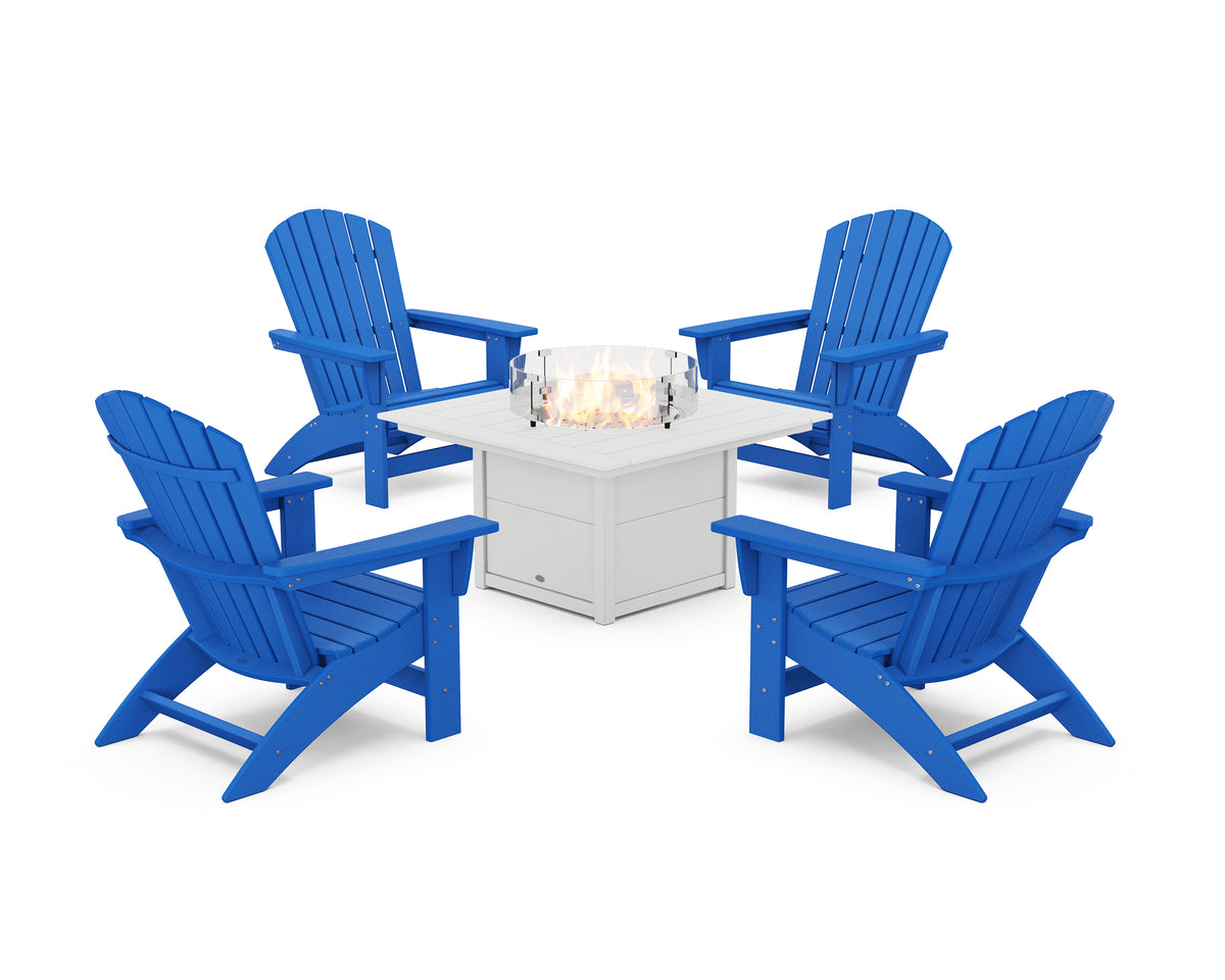 POLYWOOD 5-Piece Nautical Grand Adirondack Conversation Set with Fire Pit Table in Pacific Blue / White
