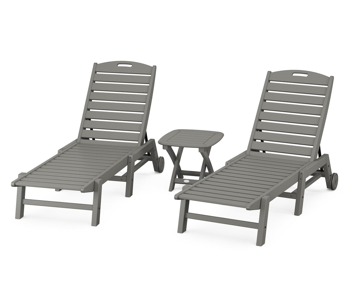 POLYWOOD Nautical 3-Piece Wheeled Chaise Set with Nautical Side Table in Slate Grey