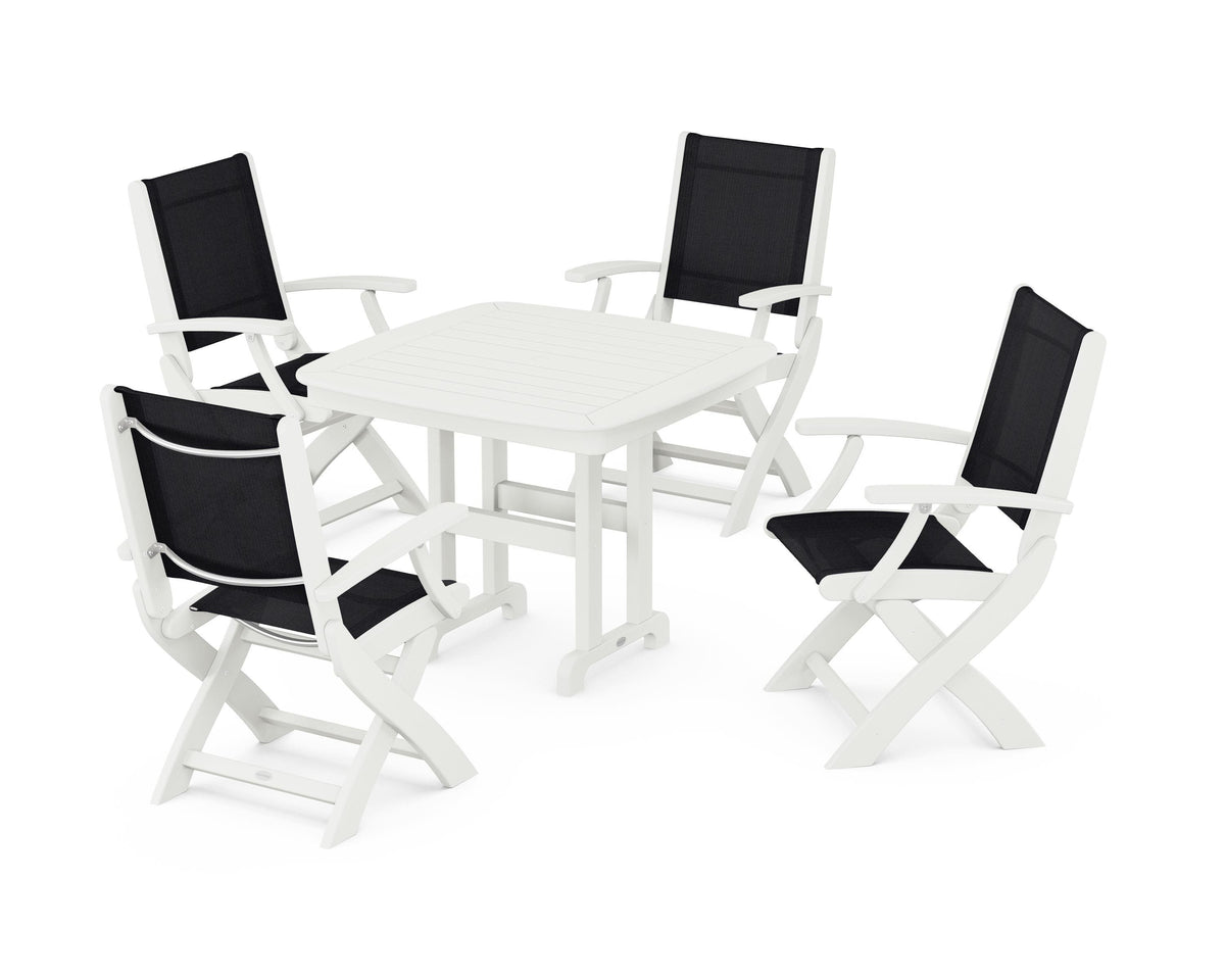 POLYWOOD Coastal Folding Chair 5-Piece Dining Set with Nautical 37" Dining Table in Vintage White / Black
