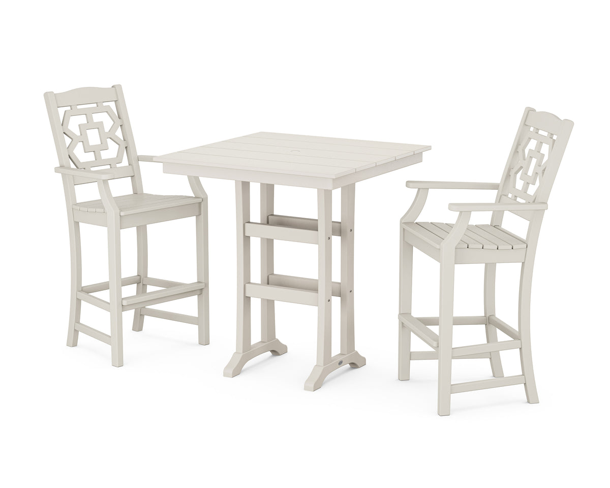 POLYWOOD Chinoiserie 3-Piece Farmhouse Bar Set with Trestle Legs in Sand
