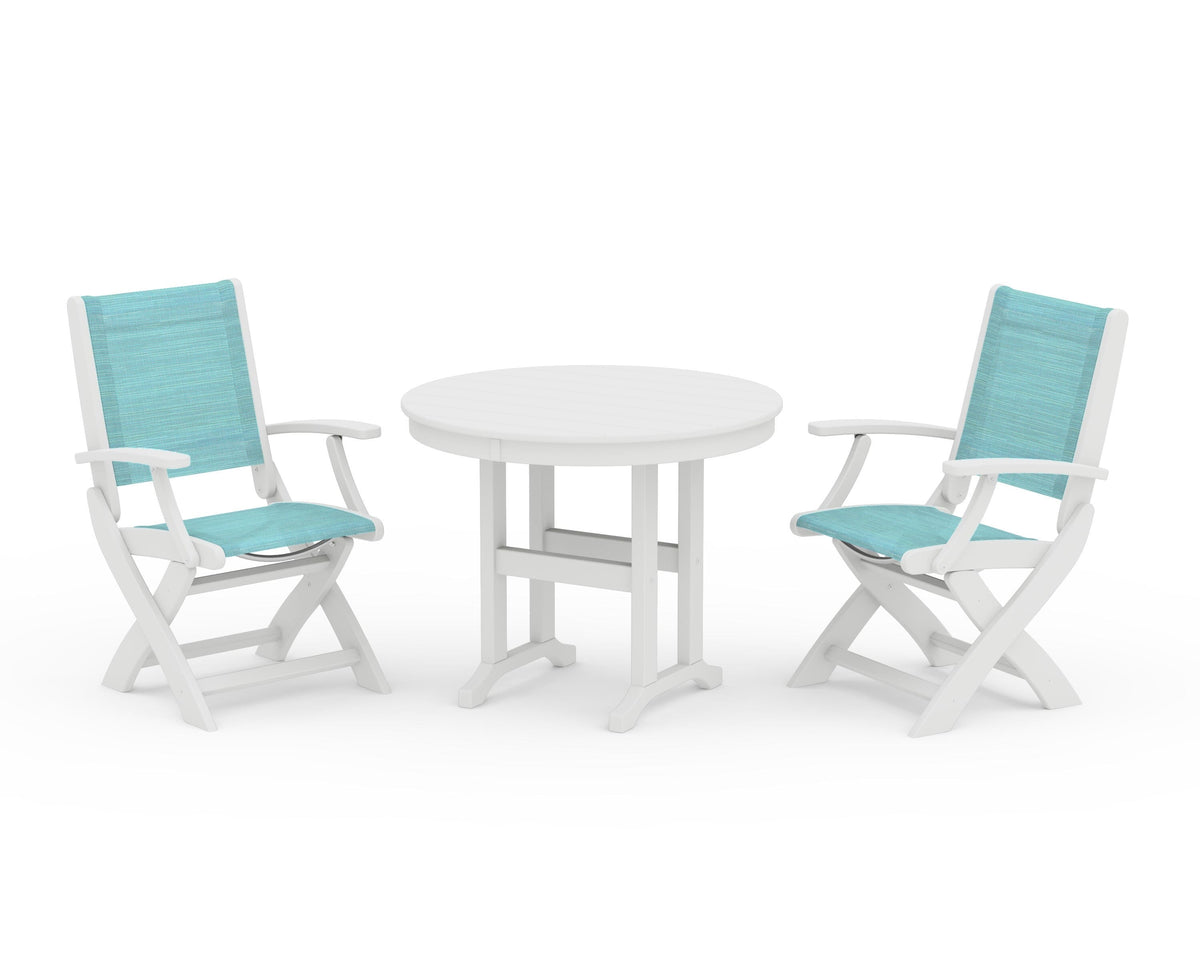 POLYWOOD Coastal Folding Chair 3-Piece Round Dining Set in White / Dupioni Aquamarine