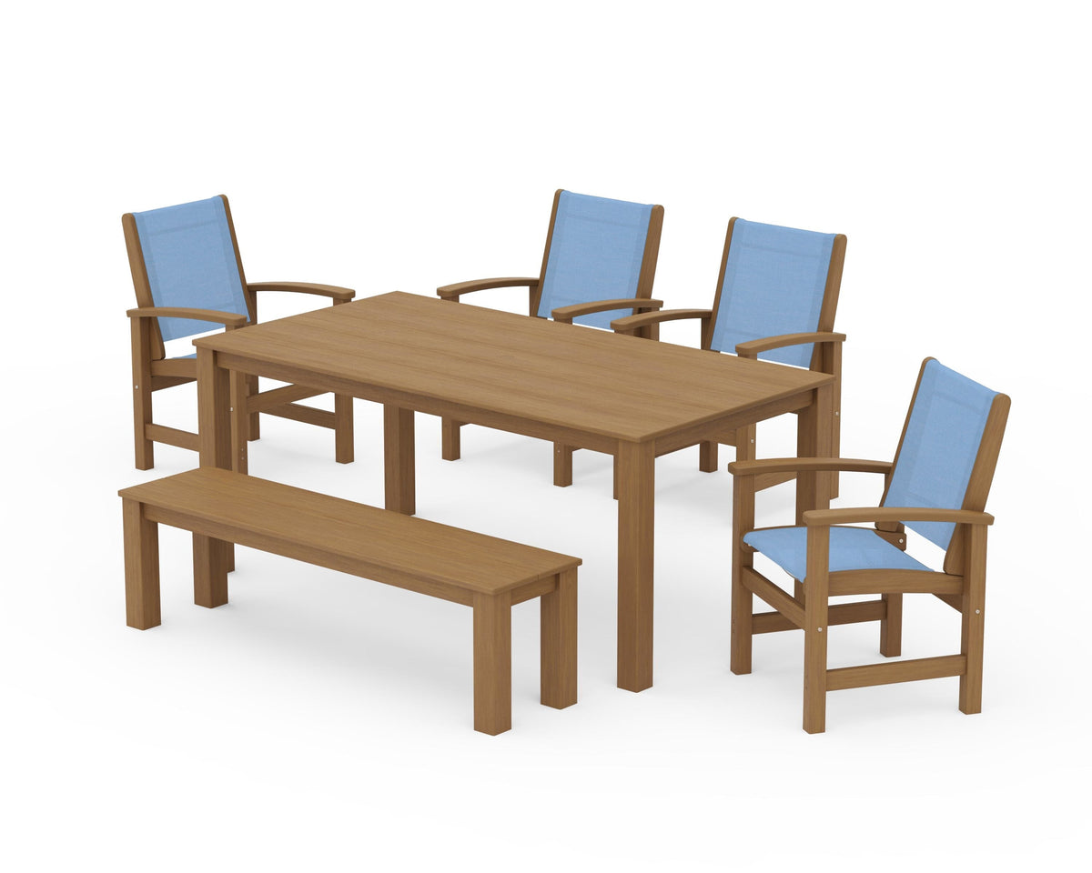 POLYWOOD Coastal 6-Piece Parsons Dining Set with Bench in Natural / Poolside