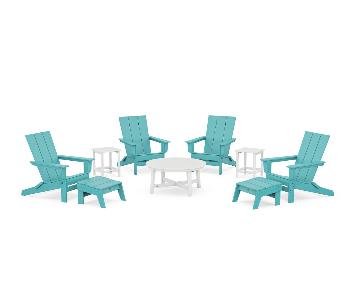 POLYWOOD Modern Studio Folding Adirondack 9-Piece Conversation Set in Aruba / White