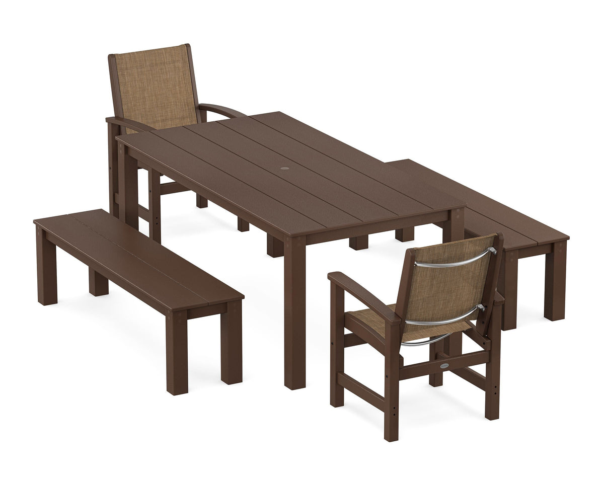 POLYWOOD Coastal 5-Piece Parsons Dining Set with Benches in Mahogany / Burlap