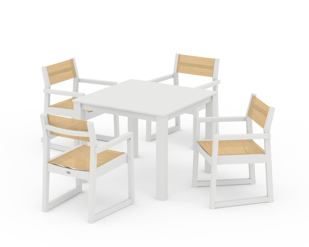 POLYWOOD EDGE Sling Arm Chair 5-Piece Parsons Dining Set in Vintage White / Dupioni Apricot