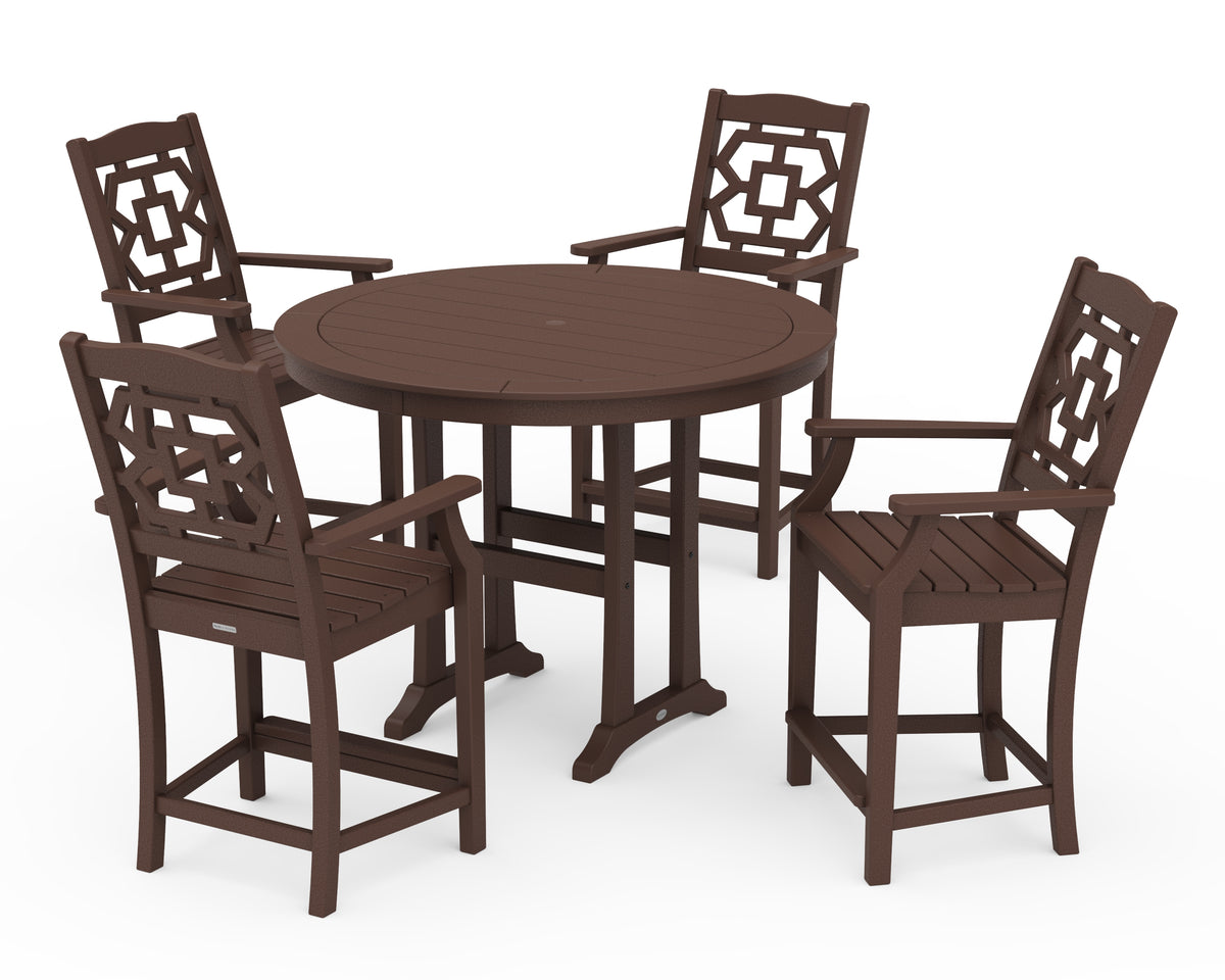 POLYWOOD Chinoiserie 5-Piece Round Counter Set in Mahogany