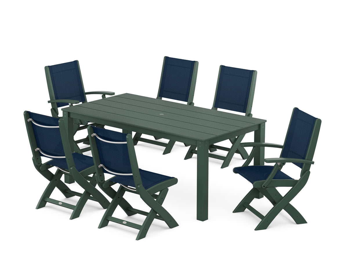 POLYWOOD Coastal Folding Chair 7-Piece Parsons Dining Set with Coastal Folding Side Chair in Green / Navy Blue