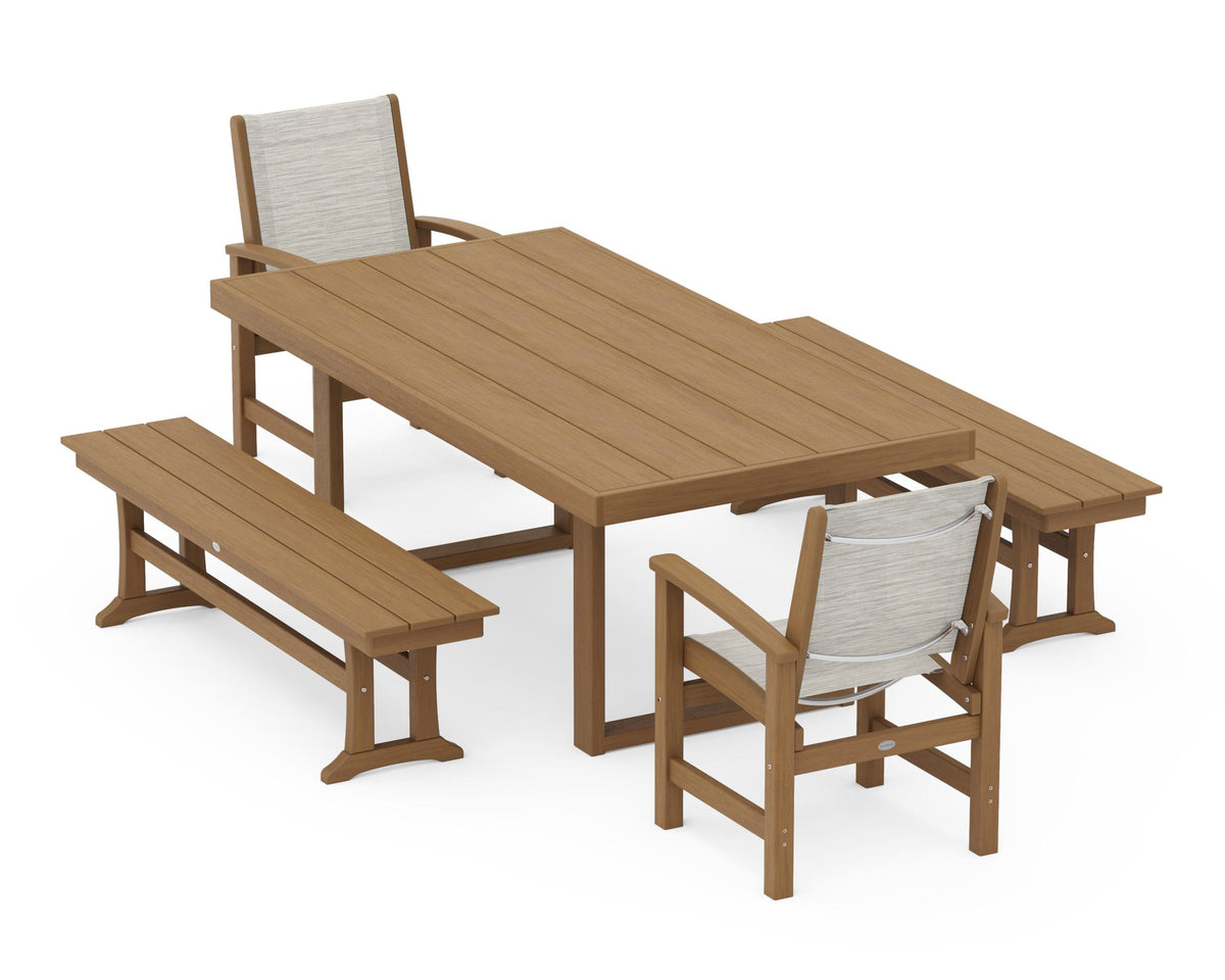 POLYWOOD Coastal 5-Piece Dining Set with Trestle Legs with EDGE 40" x 78" Dining Table in Natural / Birch
