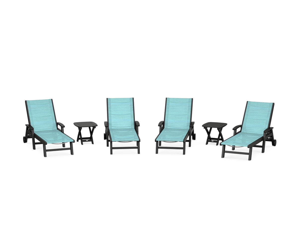 POLYWOOD Coastal Chaise 6-Piece Set with Wheels in Black / Dupioni Aquamarine