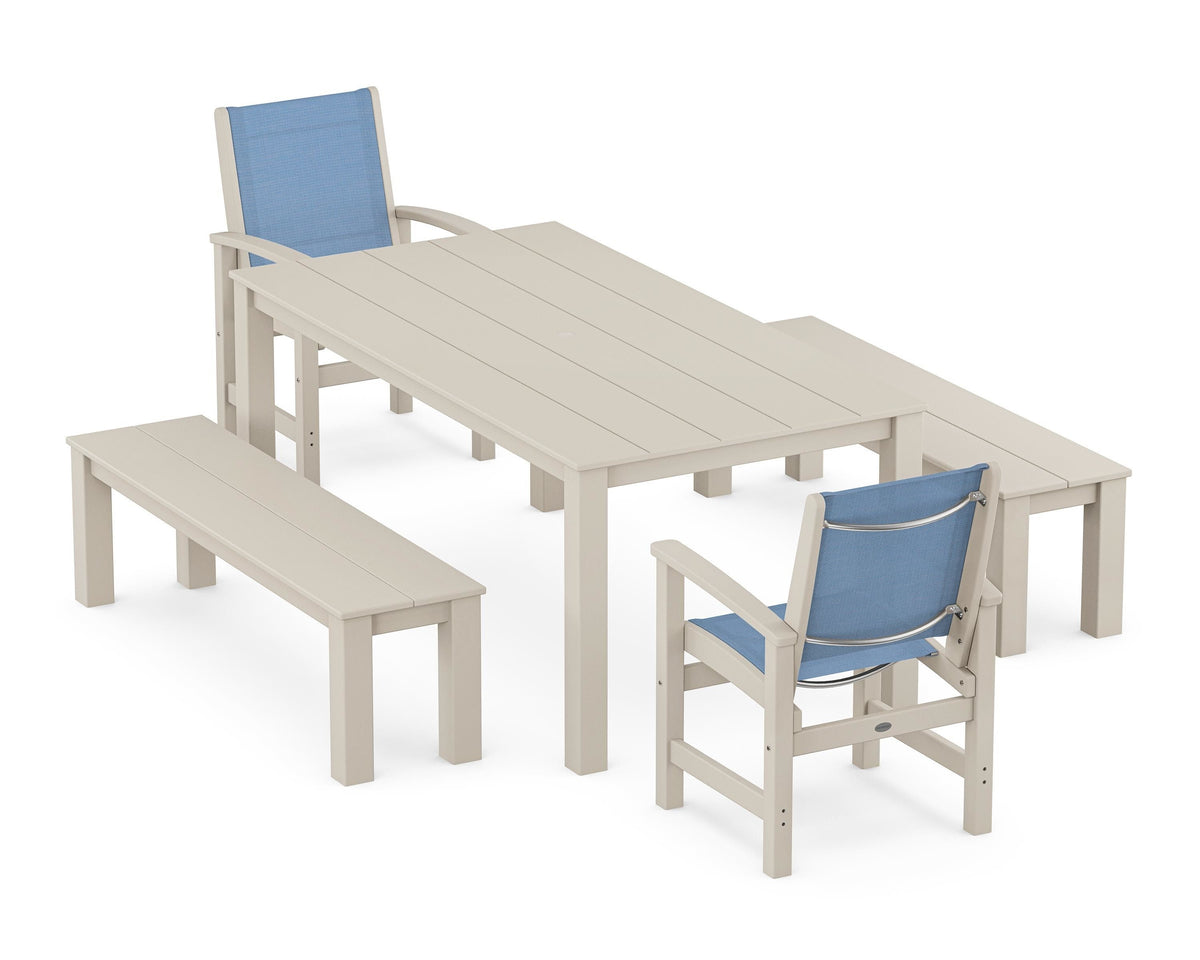 POLYWOOD Coastal 5-Piece Parsons Dining Set with Benches in Sand / Poolside