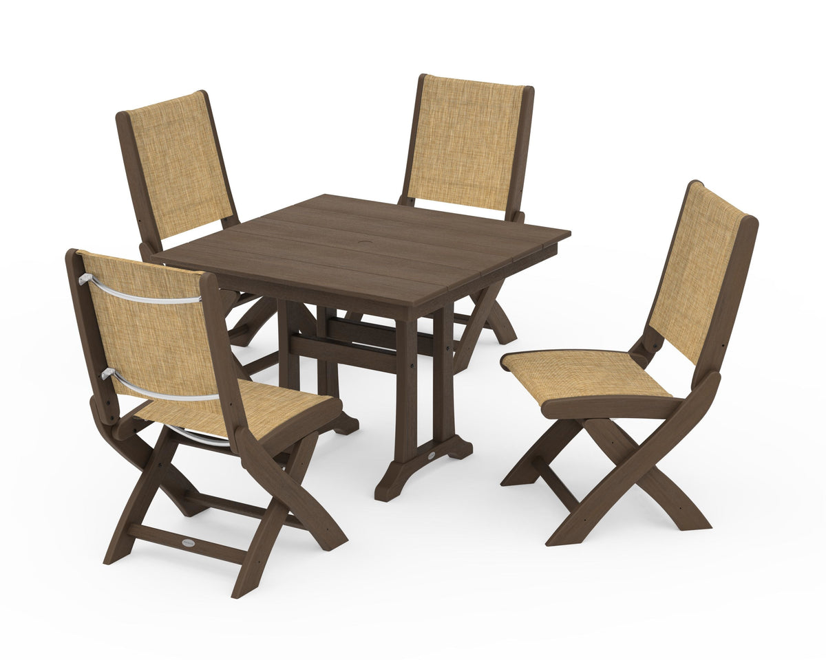 POLYWOOD Coastal Folding Side Chair 5-Piece Farmhouse Dining Set With Trestle Legs in Kona / Burlap