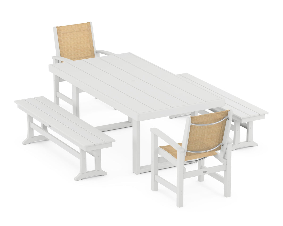 POLYWOOD Coastal 5-Piece Dining Set with Trestle Legs with EDGE 40" x 78" Dining Table in White / Dupioni Apricot