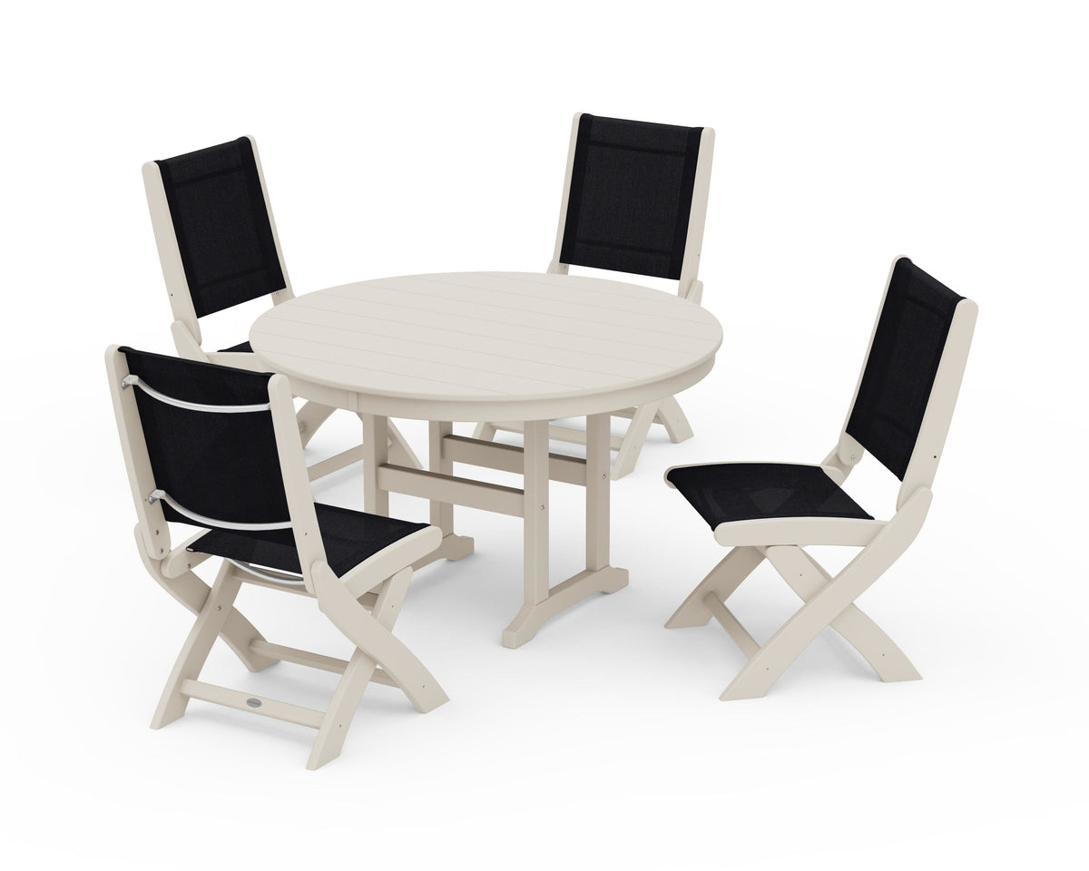 POLYWOOD Coastal Folding Side Chair 5-Piece Round Dining Set in Sand / Black