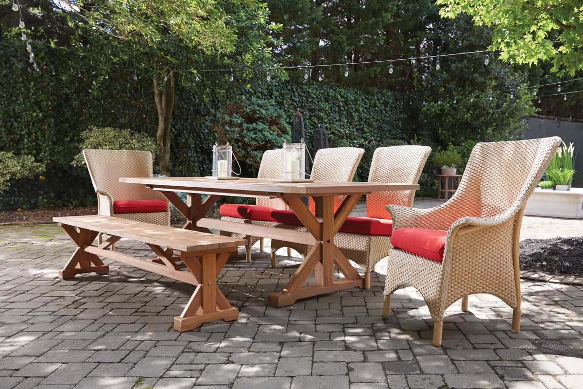 Lloyd Flanders Teak 99" Rectangular Trestle Base Dining Table, lifestyle photo 3