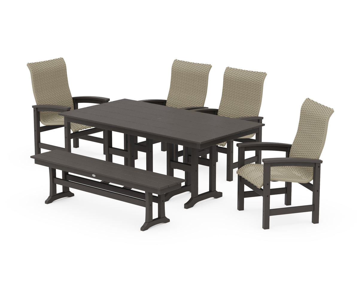 POLYWOOD Coastal Woven High-Back 6-Piece Farmhouse Dining Set with Bench with Farmhouse 37" x 72" Dining Table in Vintage Coffee / Dune Grass