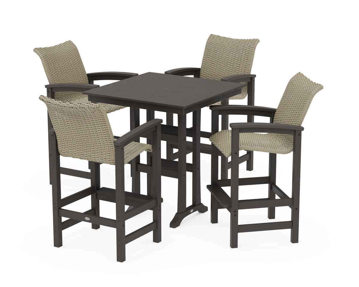 POLYWOOD Coastal Woven 5-Piece Farmhouse Bar Set with Trestle Legs in Vintage Coffee / Dune Grass
