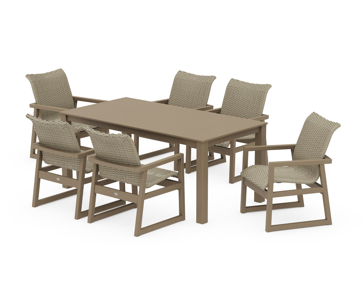 POLYWOOD EDGE Woven Arm Chair 7-Piece Parsons Dining Set in Vintage Sahara / Dune Grass