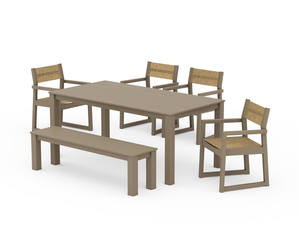 POLYWOOD EDGE Sling Arm Chair 6-Piece Parsons Dining Set with Bench in Vintage Sahara / Burlap
