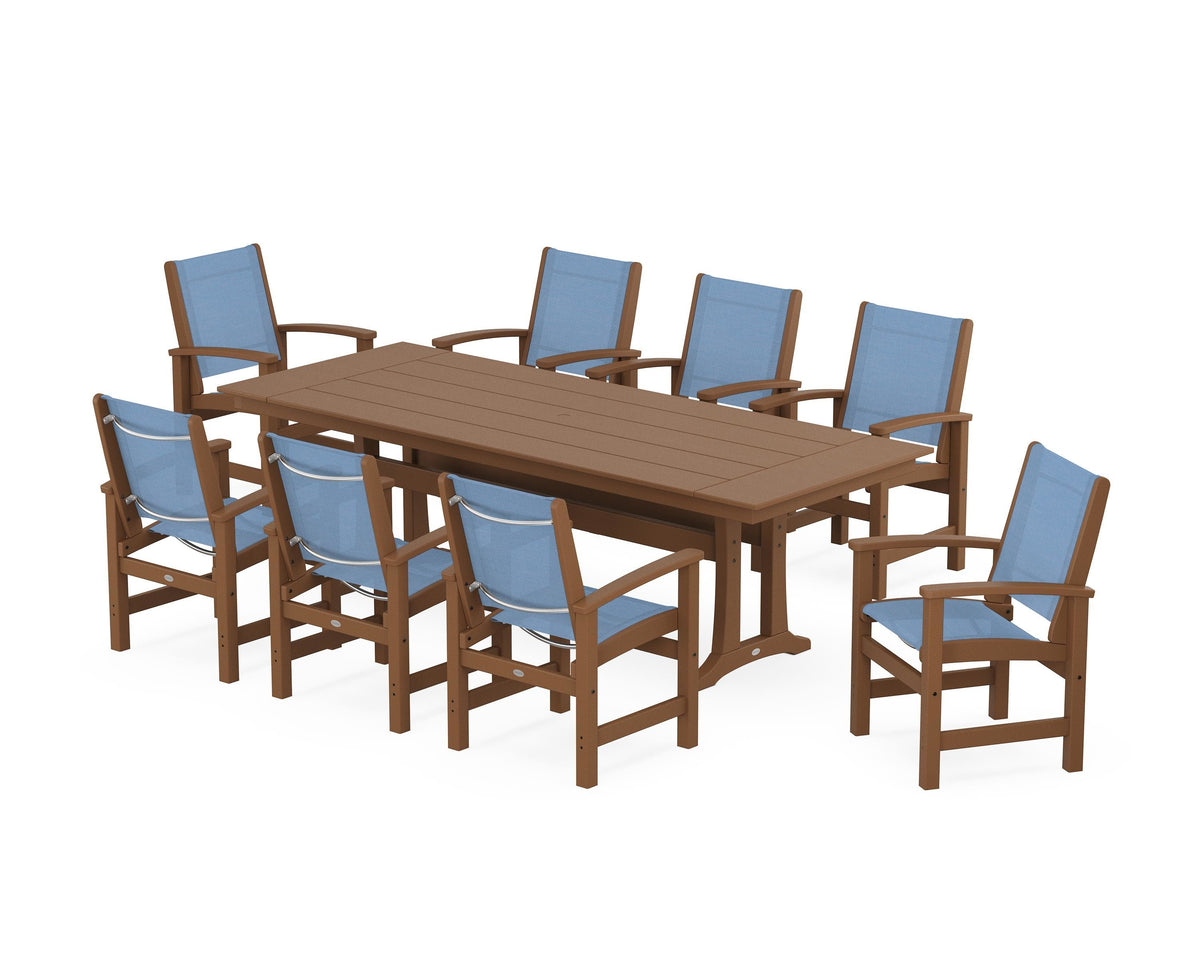 POLYWOOD Coastal 9-Piece Farmhouse Dining Set with Trestle Legs in Teak / Poolside