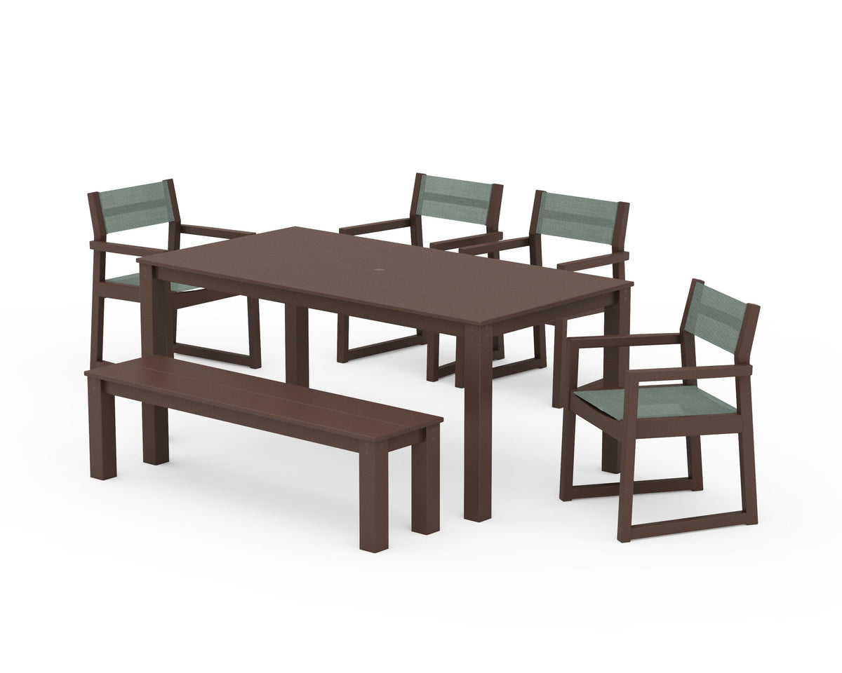 POLYWOOD EDGE Sling Arm Chair 6-Piece Parsons Dining Set with Bench in Mahogany / Dupioni Sea Mist