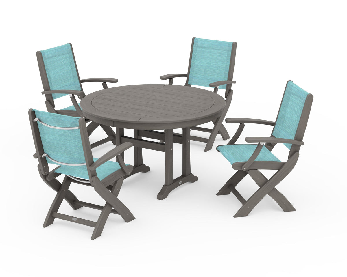 POLYWOOD Coastal Folding Chair 5-Piece Round Dining Set with Trestle Legs in Driftwood / Dupioni Aquamarine