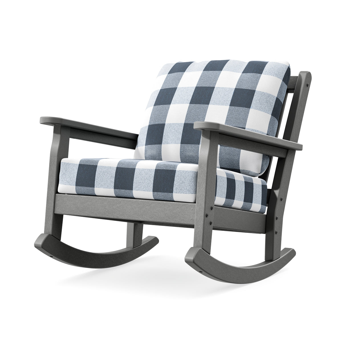 POLYWOOD Chippendale Deep Seating Rocking Chair in Slate Grey / Buffalo Plaid Marine Indigo