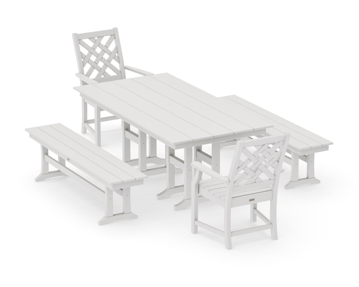 POLYWOOD Wovendale 5-Piece Farmhouse Dining Set with Benches in Vintage White